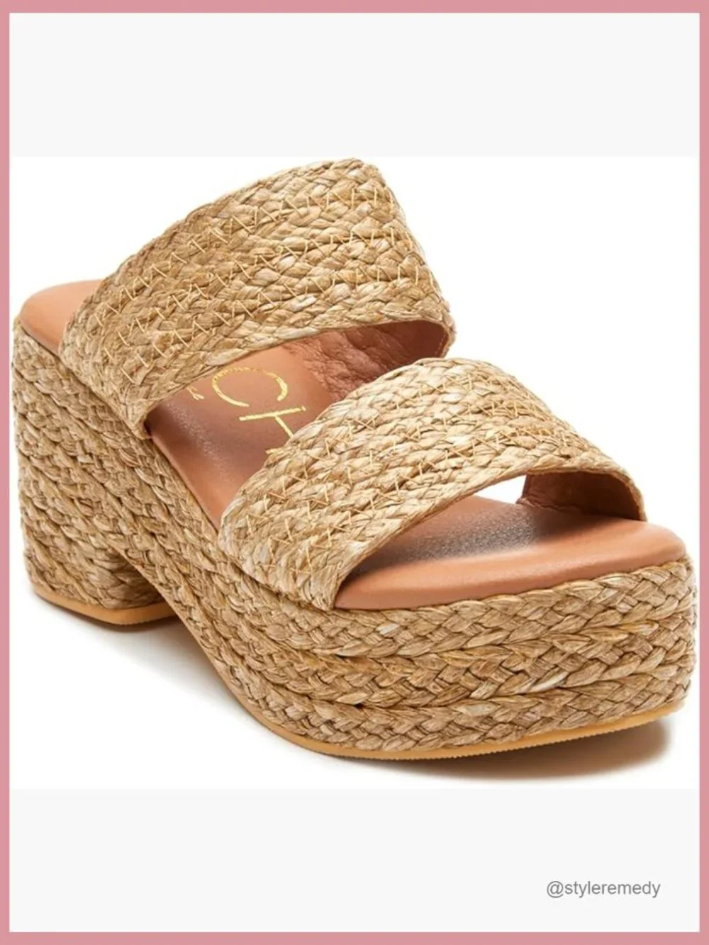 Platform Wedge Sandals - Woven Raffia Upper - Block Heel - Slip On Style